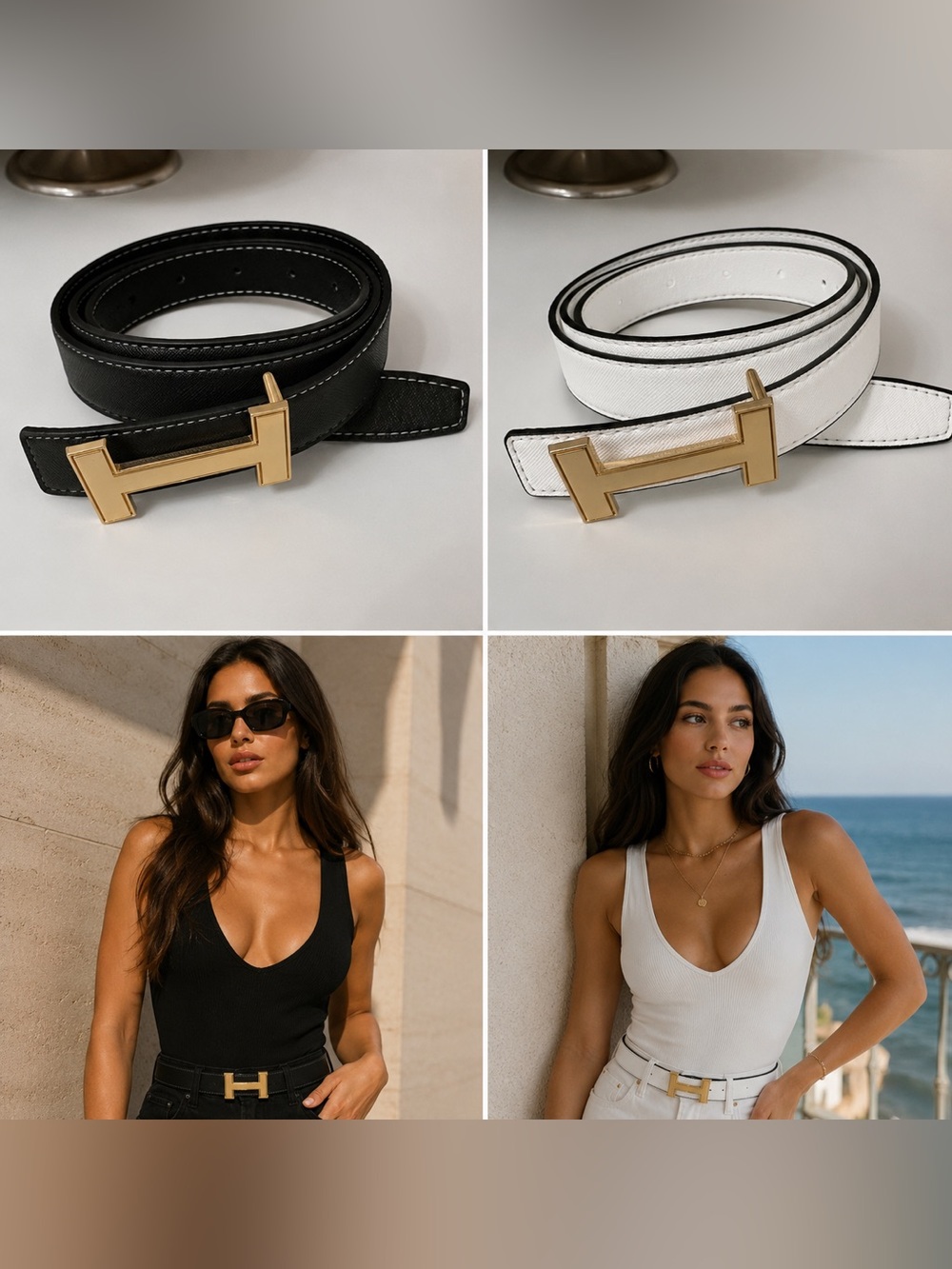 Designer Inspired Reversible Black & White Gold Buckle Belt